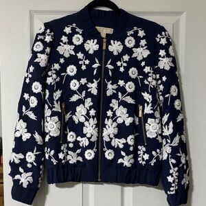 Michael Kors Dark Blue Bomber Jacket with White Floral Embroidery